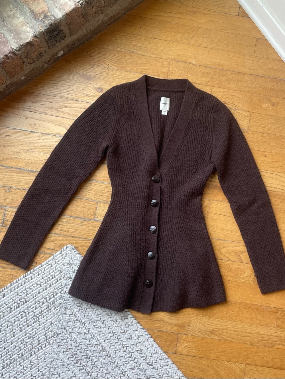 Maeve Dark Brown Button-Front Peplum Knit Cardigan